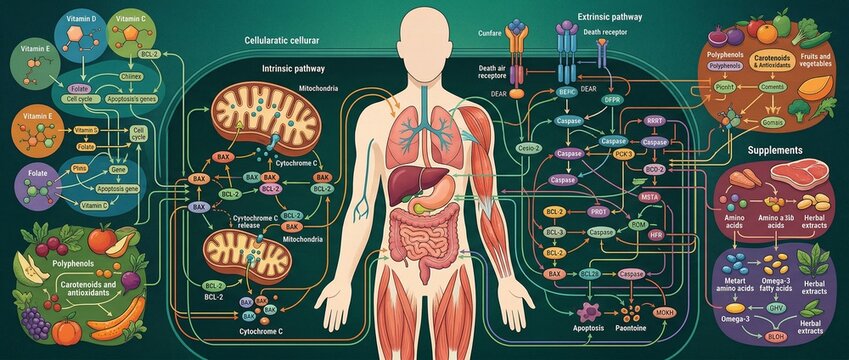Detailed medical infographic showing human metabolic pathways anatomy cellular functions and nutritional impact