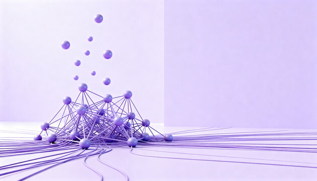 futuristic 3d diagram of a neural network being decoded with floating spheres and connecting lines in a better soft pastel color palette with large copy space