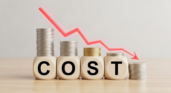 Coins stacked on wooden blocks with cost letters and declining graph