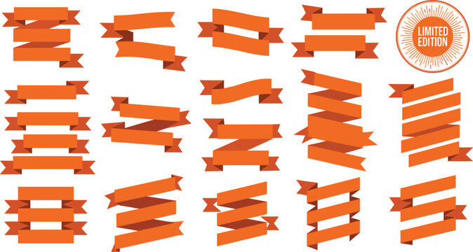 Set of Orange Ribbon Banners and Limited Edition Badge for Marketing Promotions, Sales Labels, Decorative Headers, and Creative Graphic Design Vector Projects