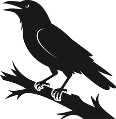 Obraz premium Raven on branch silhouette vector icon, crow bird profile illustration, spooky nature symbol isolated on white background