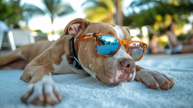 Pit bull with sunglasses relaxing outdoors on a sunny day