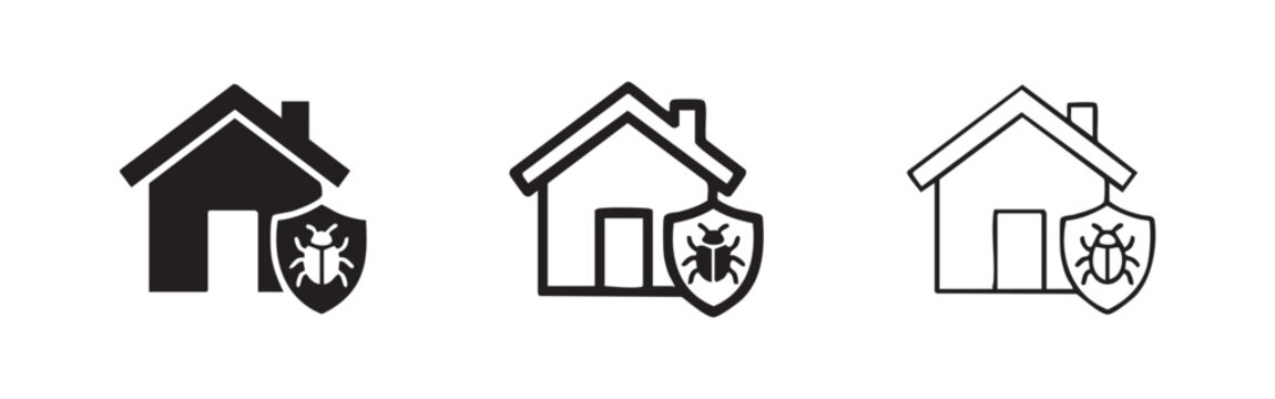 Pest control home protection icon set, house bug shield glyphs, insecticide service vector illustration.