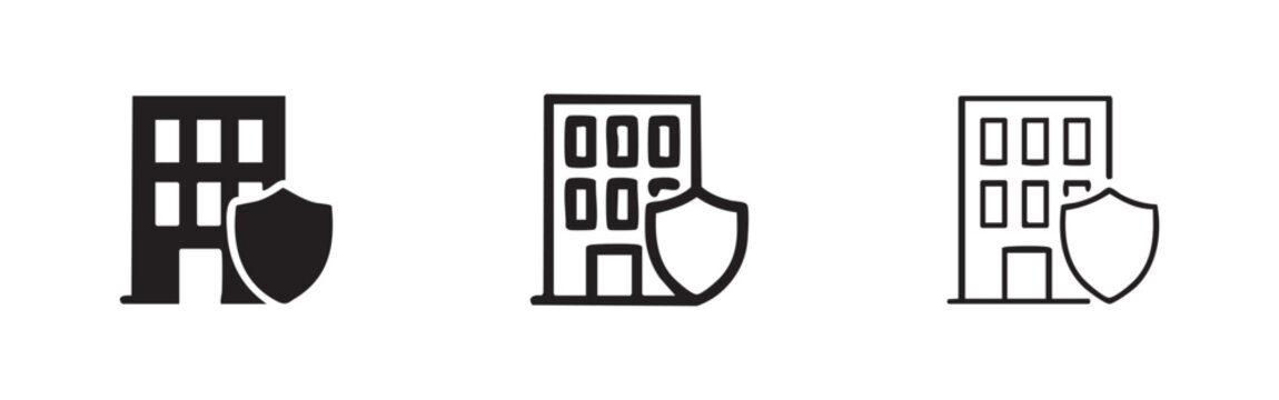 Building security shield icon set, property protection glyphs, corporate insurance vector illustration.