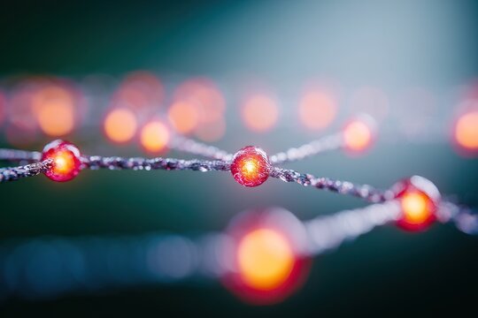 Glowing red lights dance along a tangled string at twilight