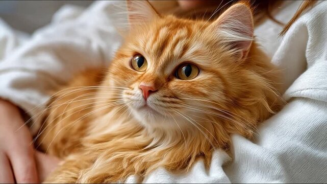 Ginger cat resting on white fabric
