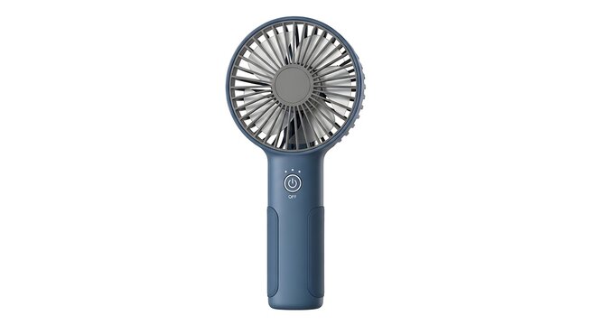 Blue handheld portable fan with indicator lights and power button on white background