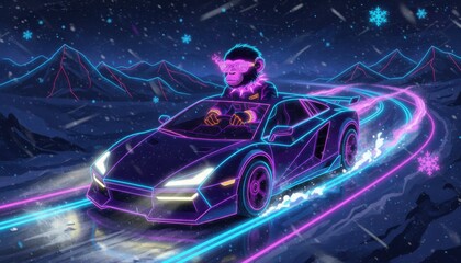 Naklejka premium Fashionable neon monkey dancing in a car on a snowy day filled with vibrant colors and playful energy
