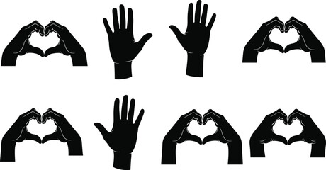 Fototapeta premium Set of black hand silhouettes forming heart shapes and open palm gestures isolated on white background for commercial design