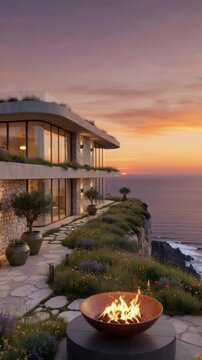 Modern stone cliffside house with green roof and fire pit at sunset
