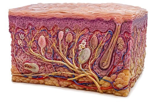 Detailed 3D Cross-Section of Human Skin Anatomy showing Epidermis, Dermis, Hypodermis, Hair Follicle, and Sweat Glands on White Background