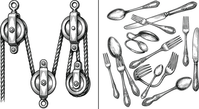 Vintage engraving collection with nautical pulley blocks and antique cutlery utensils detailed monochrome vector illustration set