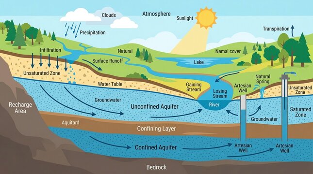 Educational Vector Diagram of the Water Cycle Showing Aquifers and Groundwater Systems