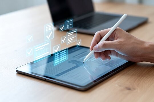 Hand using stylus on tablet with digital icons