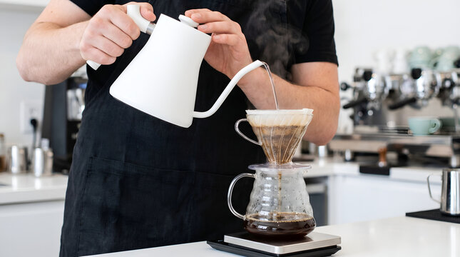 Barista making v60 coffee, Pour over coffee brewing process, Manual drip coffee preparation with white kettle