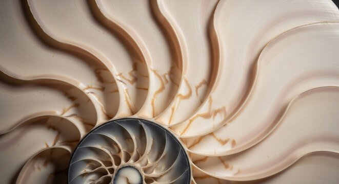 Close-up of a Nautilus Shells Spiral Structure and Chambers.