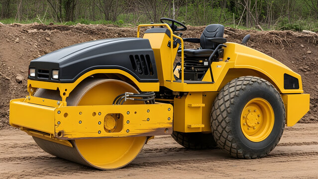 A large yellow steamroller sits on a dirt road at a construction site outdoors