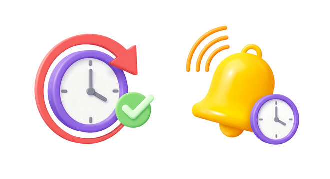3D Notification Bell Alert and Clock Time Management Reminder Icons