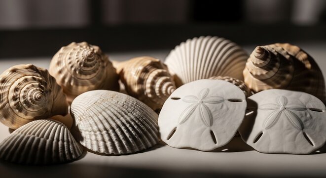 Collection of Seashells and Sand Dollars on a Surface.