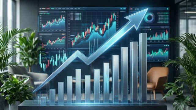 In a contemporary office space, a bar graph rises against a backdrop of financial charts and greenery. The atmosphere highlights strategic growth and business development