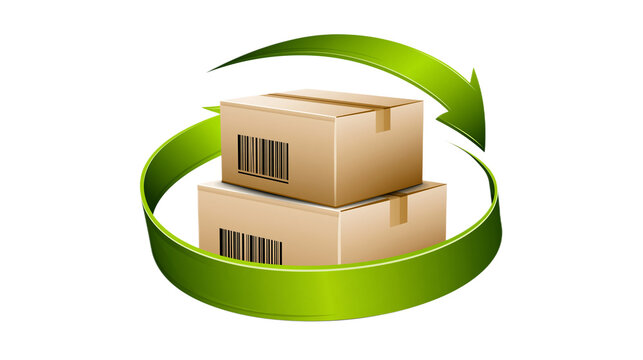 Two cardboard shipping boxes with barcodes are surrounded by a green curved arrow on a transparent background. The concept of shipping, product returns, and logistics.
