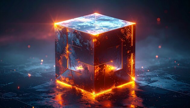 Futuristic glowing polyhedra with metallic surfaces and orange illuminated edges, symbolizing abstract technology, advanced design, and digital visualization.