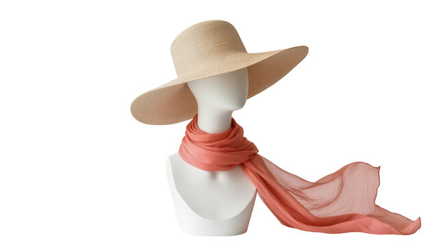 Straw sun hat with coral scarf on mannequin bust, isolated on transparent background