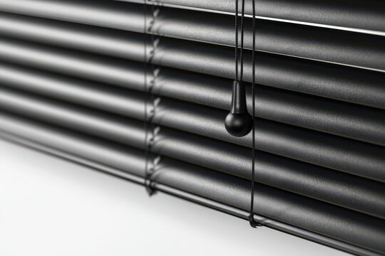 Close-up view of modern black horizontal blinds with a pull cord and decorative knob, offering privacy and light control.