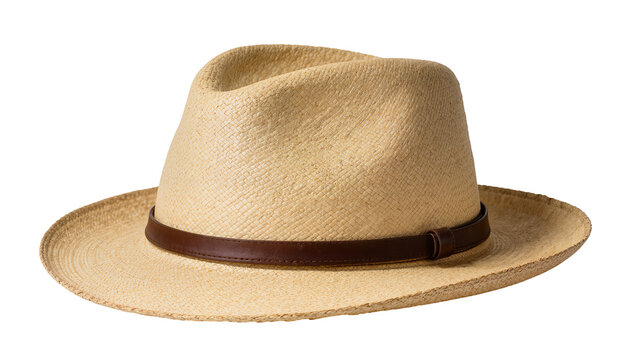 Natural woven straw fedora hat with dark brown leather band, isolated on transparent background