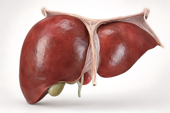 Human liver anatomy with gallbladder isolated on white background, 3D medical illustration of internal organ digestive system.