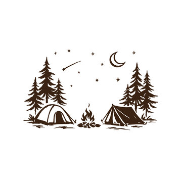Vintage camping vector illustration, rustic forest campsite with tents and bonfire, hand drawn night sky with moon and stars for outdoor adventure