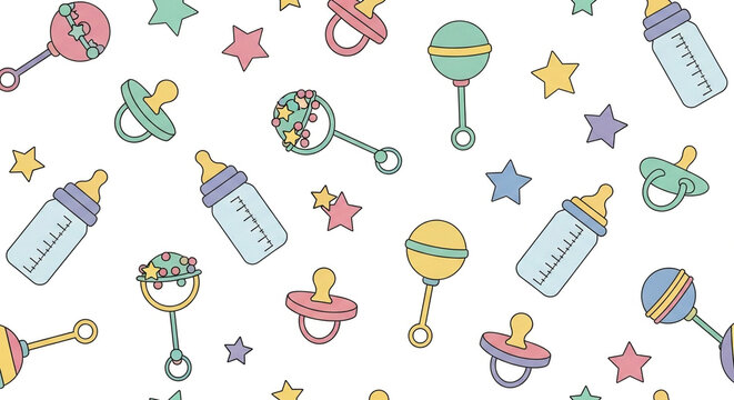 Colorful baby seamless pattern with pacifiers, bottles, rattles baby pacifier