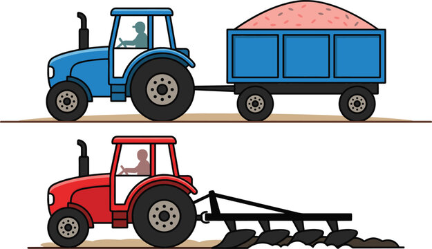 Agricultural tractor collection with trailer and plow farming equipment flat vector illustration set