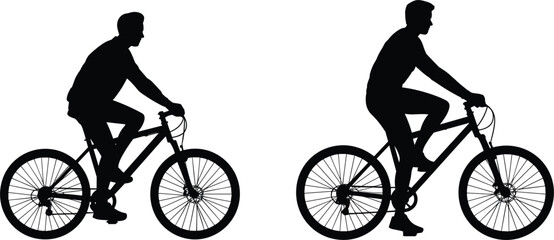 Obraz premium Silhouetted Cyclists Riding Mountain Bikes Across Minimal Gray Background in Motion