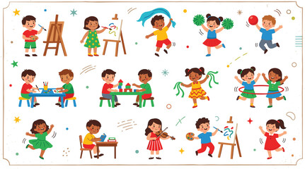 Fototapeta premium Cute cartoon kids activity collection featuring children drawing on easels playing with building blocks dancing hula hooping reading books and playing music instruments vectors.