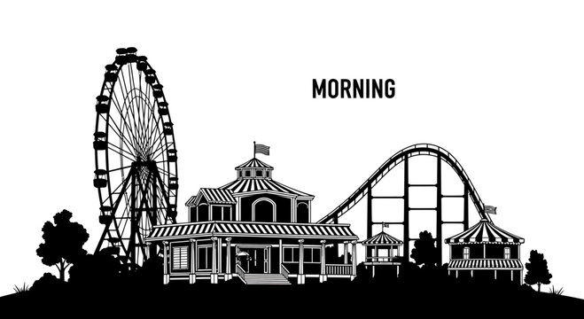 Amusement Park Silhouette with Ferris Wheel and Roller Coaster