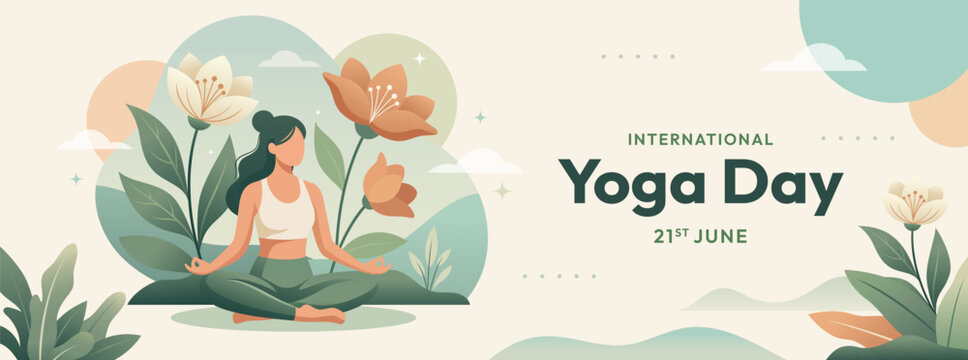 International Yoga Day Banner with Female Meditation and Floral Nature Theme