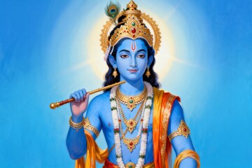 Obraz premium Blue skinned deity with flute and ornate jewelry