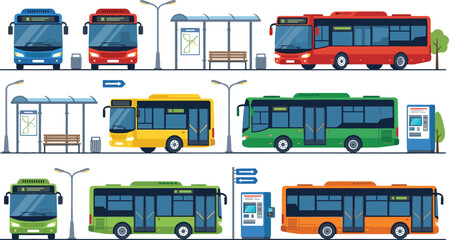 City bus and public transport collection with urban transit vehicles and station elements vector illustration set © Jahangir