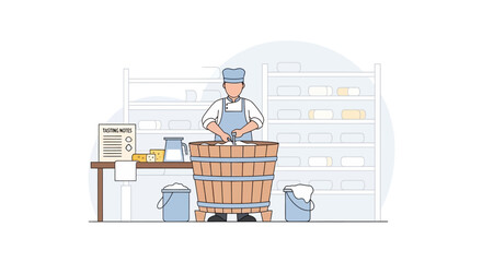 Obraz premium Artisan cheese maker crafting cheese in a traditional wooden barrel vat
