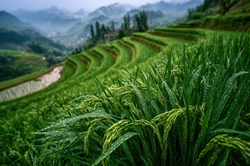 Fototapeta premium Lush green rice terraces in the mountains, glistening with fresh raindrops, a serene agricultural landscape.