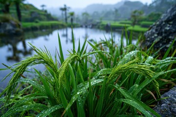 Fototapeta premium Close-up of wet green rice stalks with water droplets and a blurred serene landscape in the background.