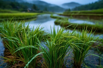 Fototapeta premium Dewdrops on lush green rice stalks in terraced fields reflecting the misty mountains at dawn.