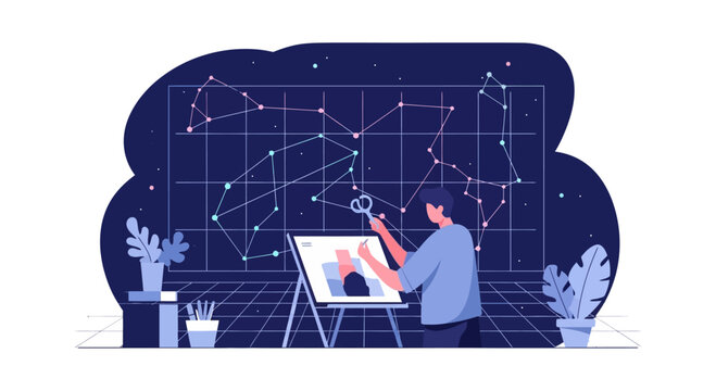 Artist creating constellation map on a dark starry background, digital art