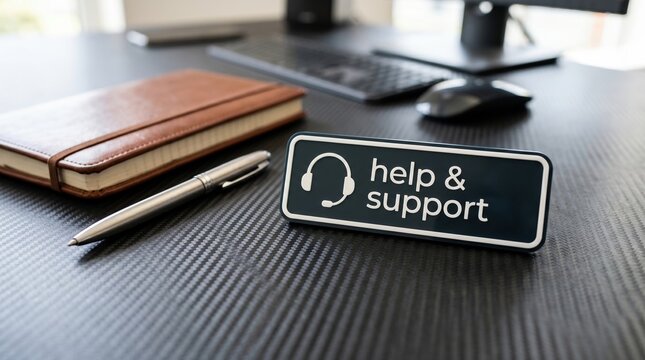 A 'help & support' sign with headphones icon on a desk with a notebook and pen customer headphones notebook business