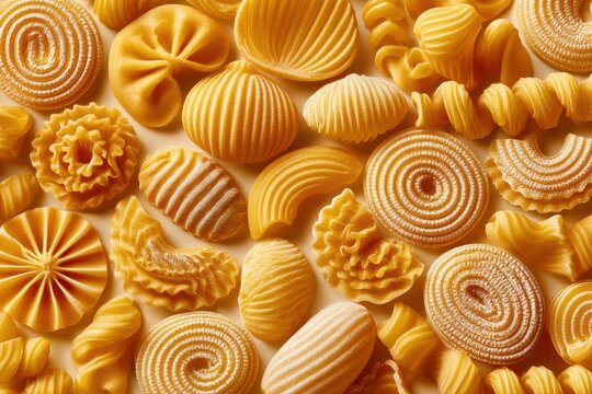 A top-down view of a variety of dried pasta shapes, showcasing intricate textures and golden hues.