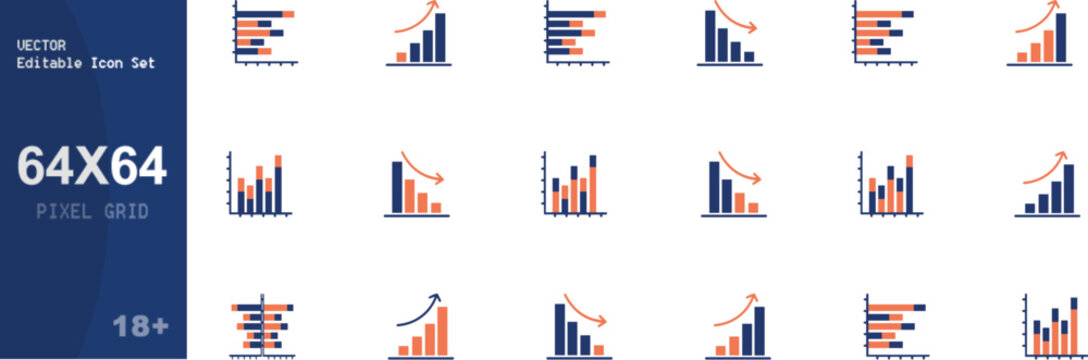 Set di icone vettoriali editabili in formato 64x64 pixel con barre di valori e indicatori di livello. Ideale per dashboard, UI, analytics, statistiche e applicazioni software.