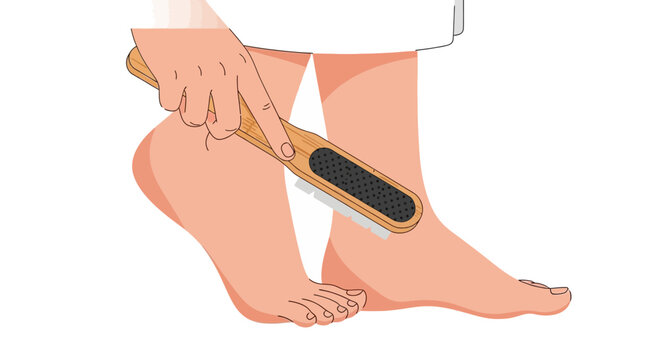 Close-up of person exfoliating heel with pumice stone, foot care and hygiene concept
