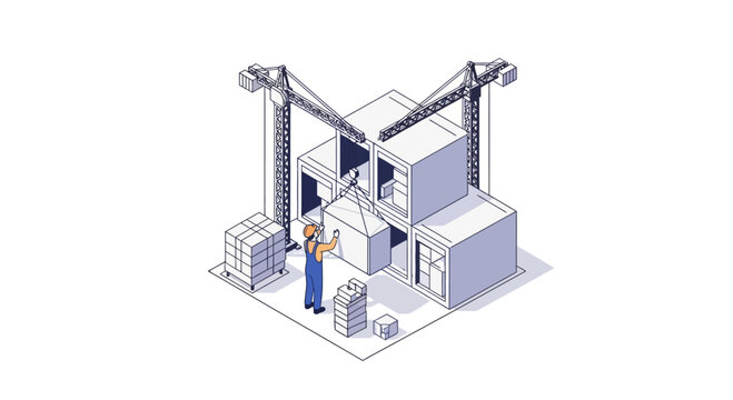 Construction worker assembling modular building blocks with cranes, isometric view