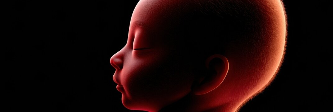 A 34-week human fetus floats in profile view with closed eyes and dramatic warm side lighting against a dark background.